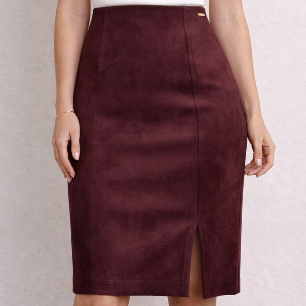 Ivanka Trump Garnet Straight Pencil Skirt with Knee Slit Faux Suede Fall Winter